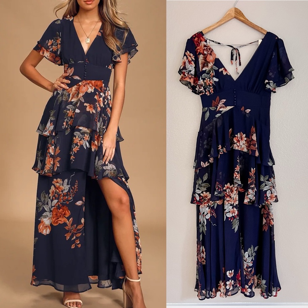 Navy Blue Floral Print Tiered Maxi Dress